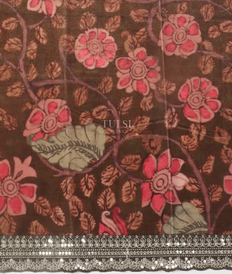 Brown Kora Tissue Organza Embroidery Saree T5430653