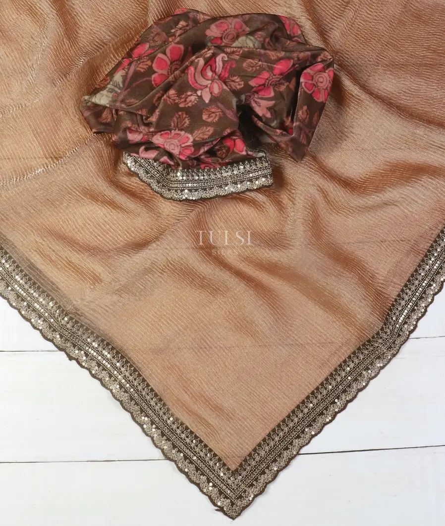 Brown Kora Tissue Organza Embroidery Saree T5430654