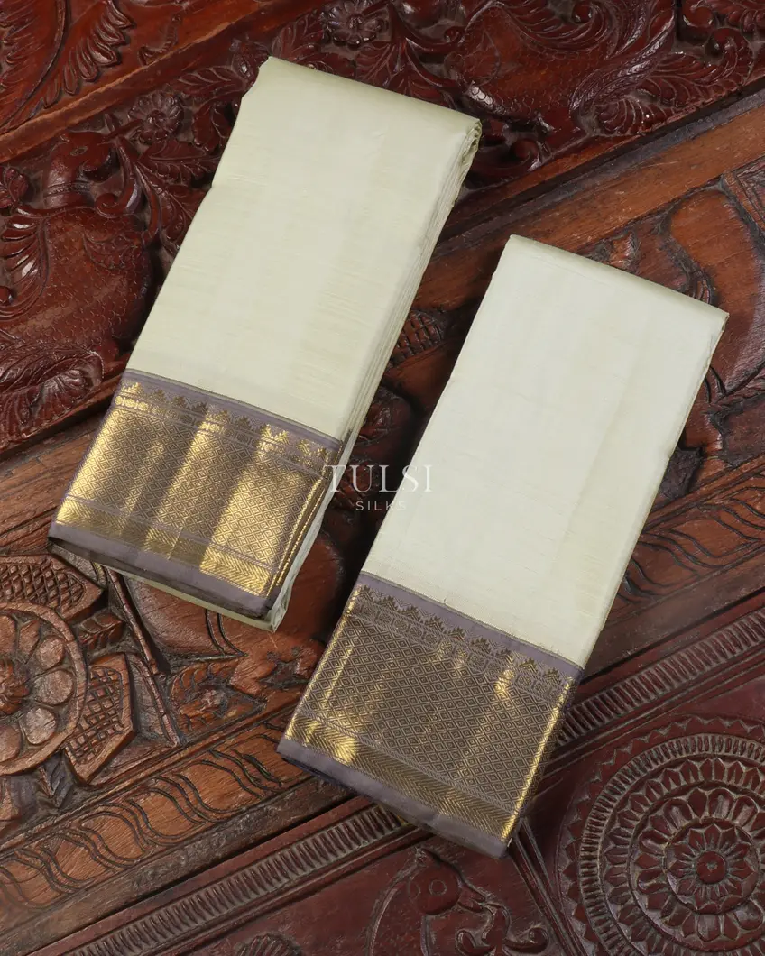 Light Ash Grey Handwoven Kanjivaram Silk Dhoti and Vastharam T538704-image