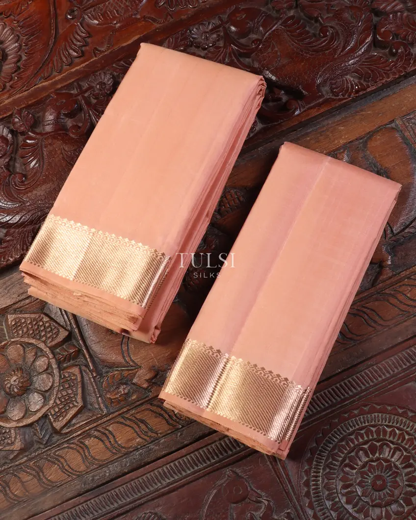 Peach Handwoven Kanjivaram Silk Dhoti and Vastharam T489484-image