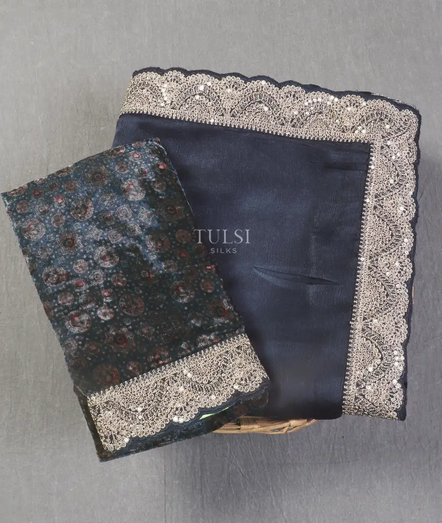 Blue Crinkle Crepe Embroidery Silk Saree T543107-image