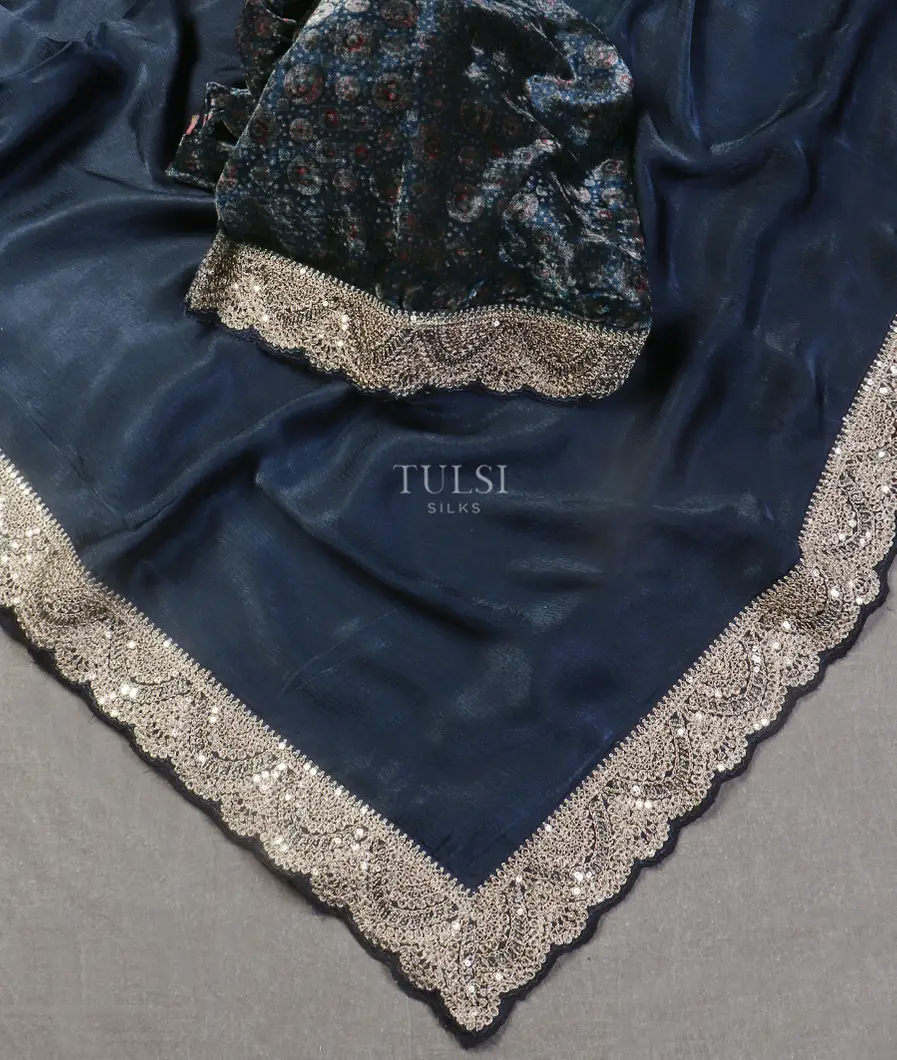 Blue Crinkle Crepe Embroidery Silk Saree T5431072