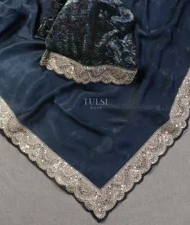 Blue Crinkle Crepe Embroidery Silk Saree T5431072