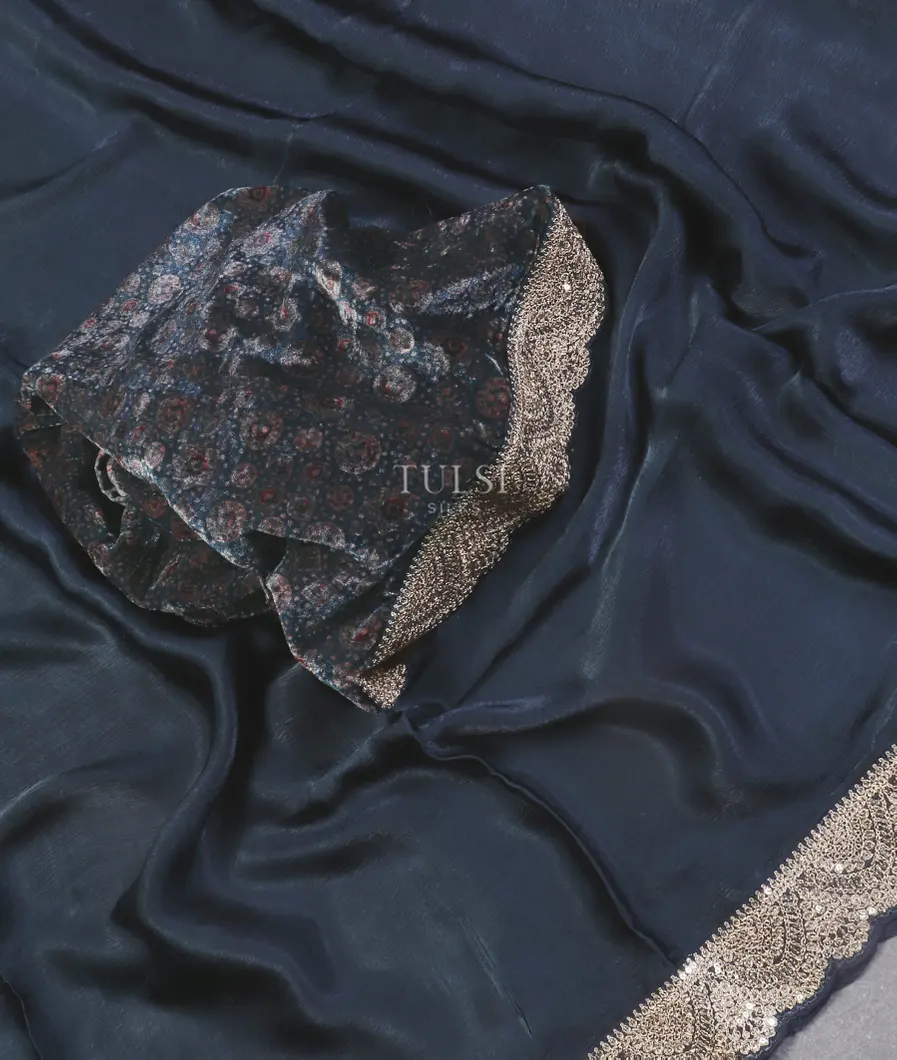 Blue Crinkle Crepe Embroidery Silk Saree T5431075