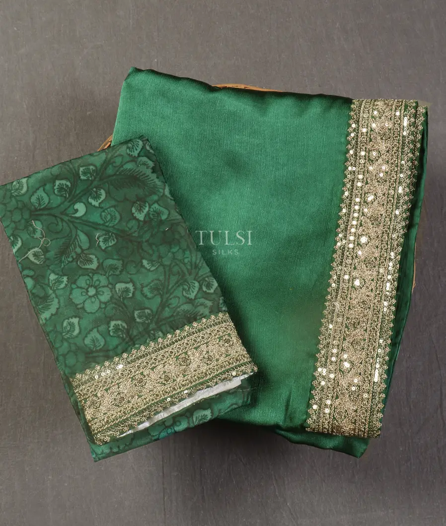 Green Crinkle Crepe Embroidery Silk Saree T543096-image