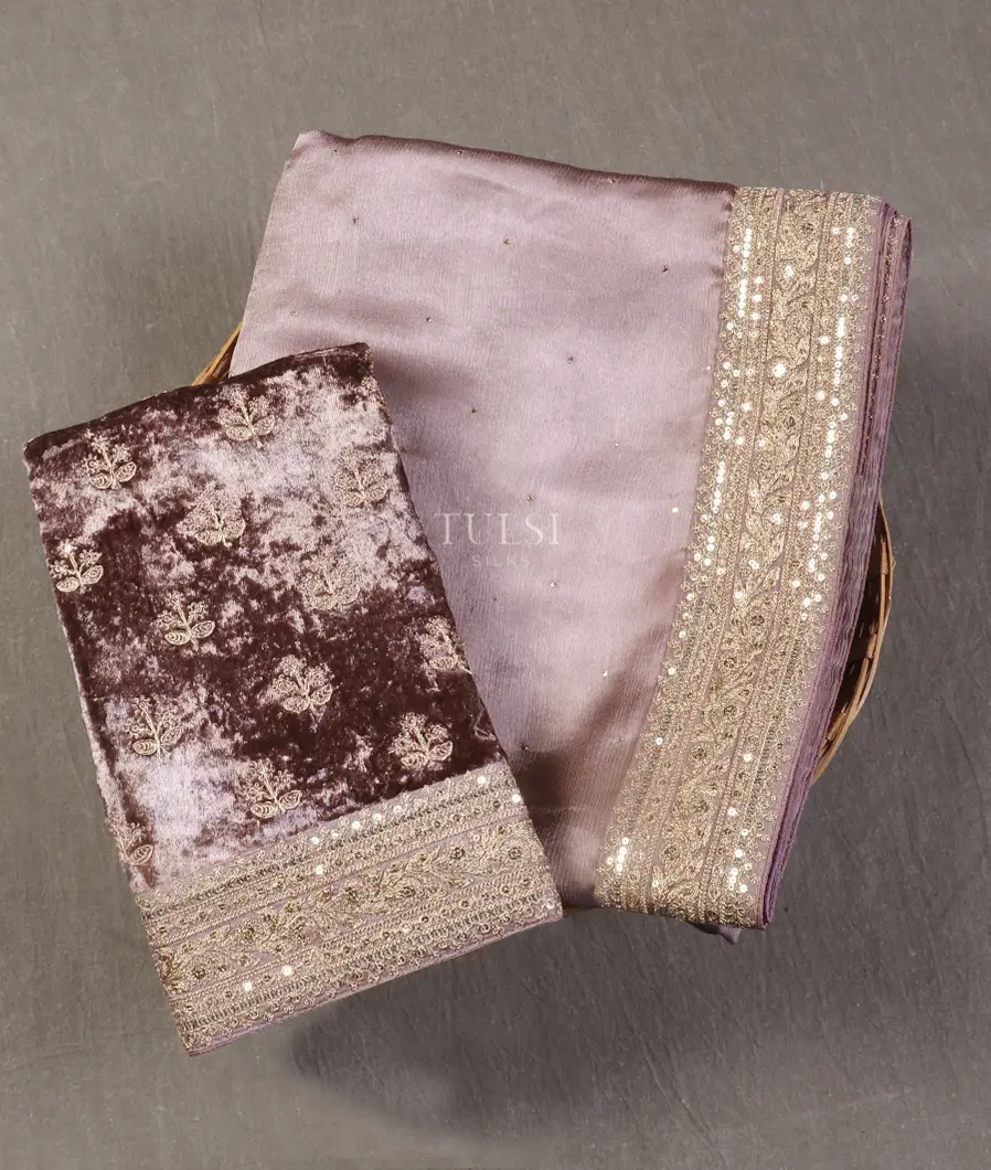 Lavender Crinkle Crepe Embroidery Silk Saree T543057-image