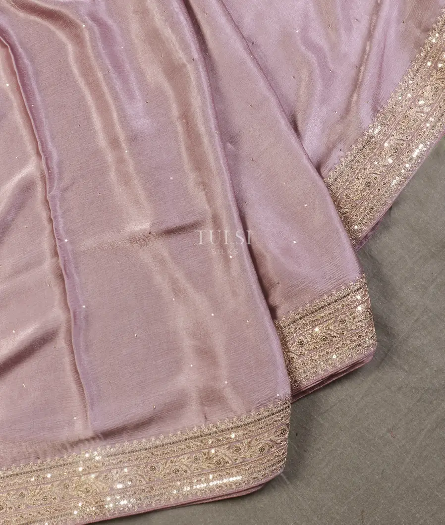 Lavender Crinkle Crepe Embroidery Silk Saree T5430574