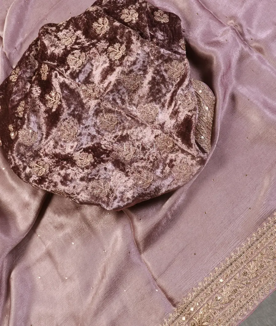 Lavender Crinkle Crepe Embroidery Silk Saree T5430575