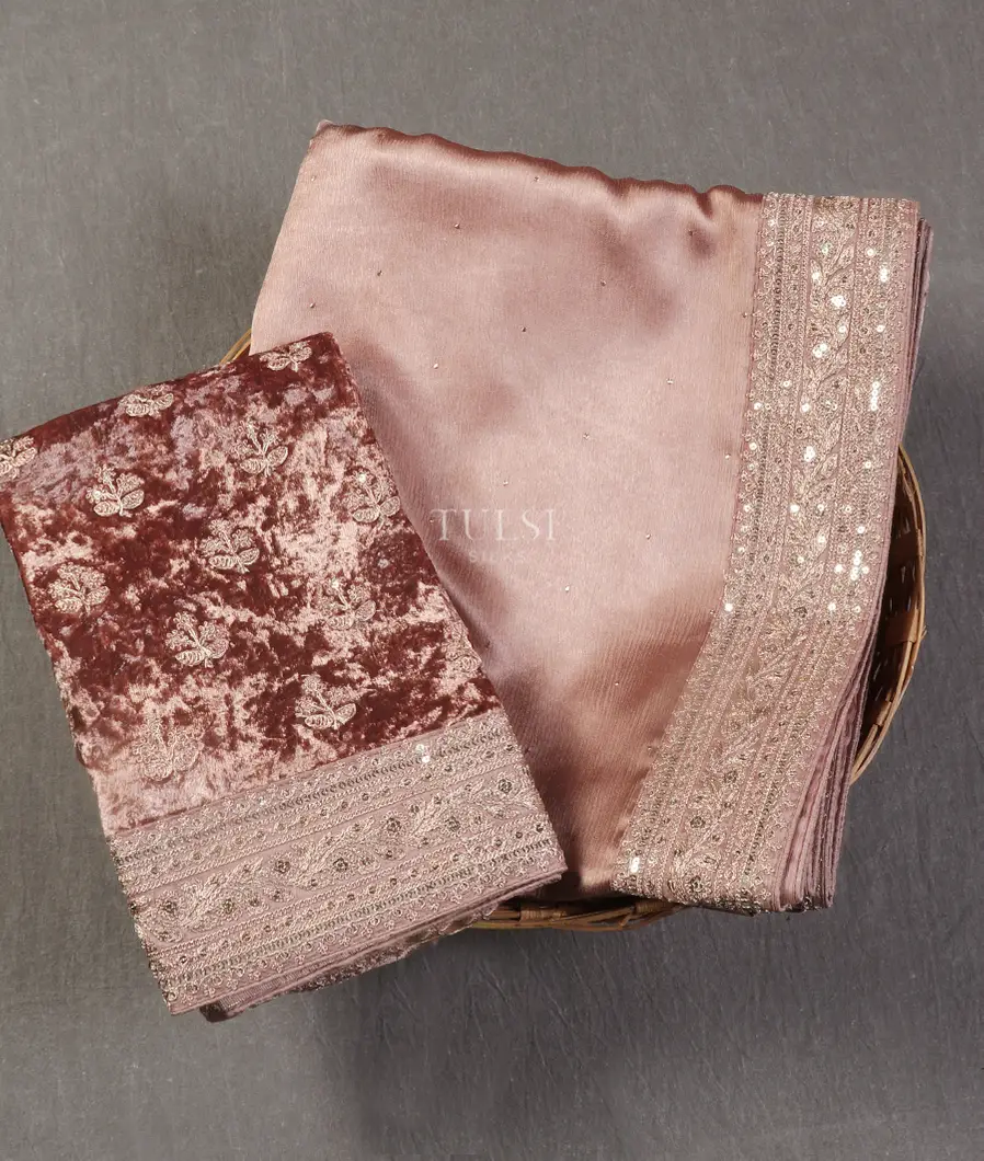 Mauve Pink Crinkle Crepe Embroidery Silk Saree T543056-image