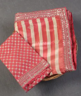 Reddish Pink Tissue Crepe Embroidery Silk Saree T5430711