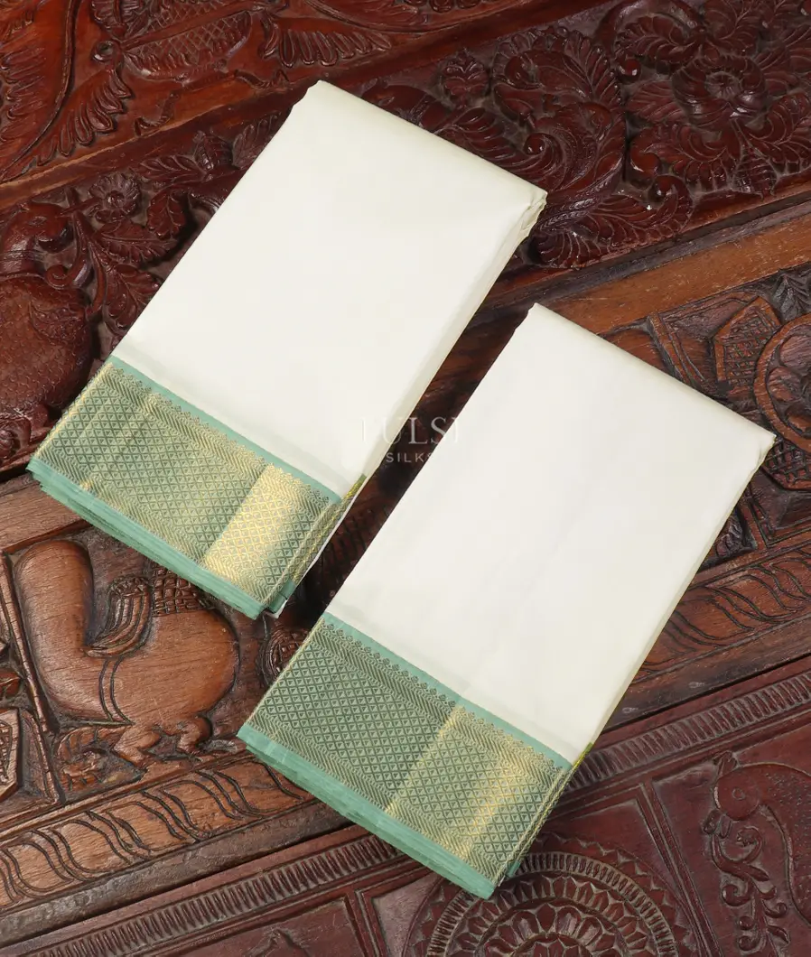 White Handwoven Kanjivaram Silk Dhoti and Vastharam T542973-image