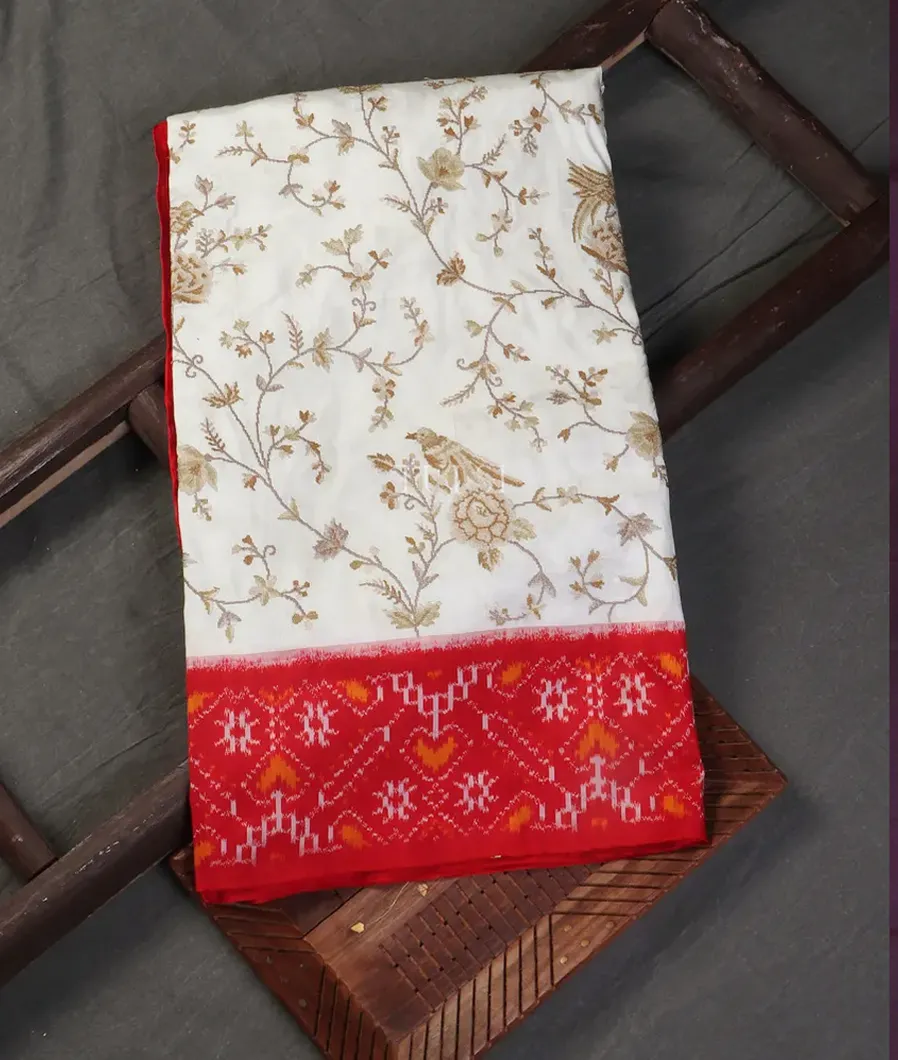 White Ikat Embroidery Silk Saree T445937-image