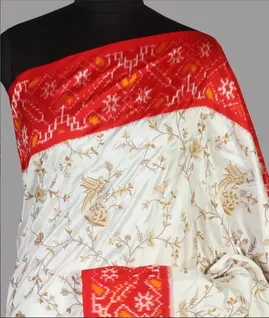 White Ikat Embroidery Silk Saree T4459372