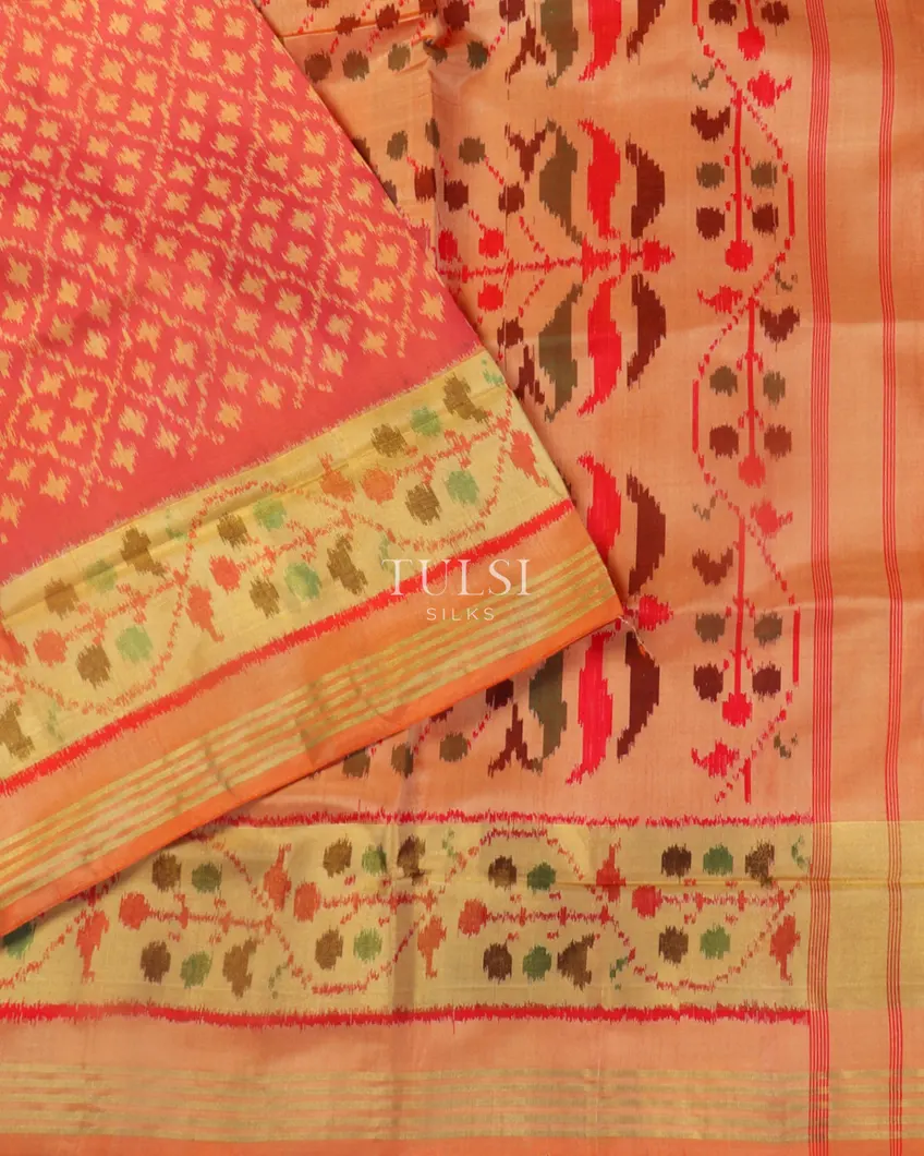 Orangish Pink Patola Silk Saree T5282492