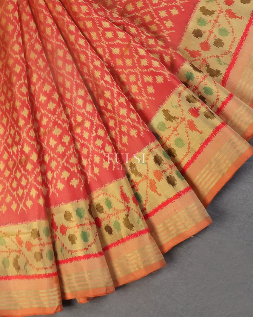 Orangish Pink Patola Silk Saree T5282494