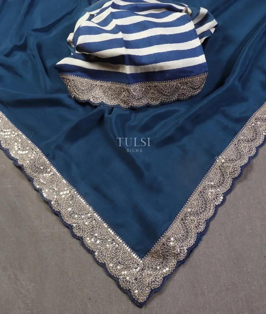 Blue Crinkle Crepe Embroidery Silk Saree T5430372