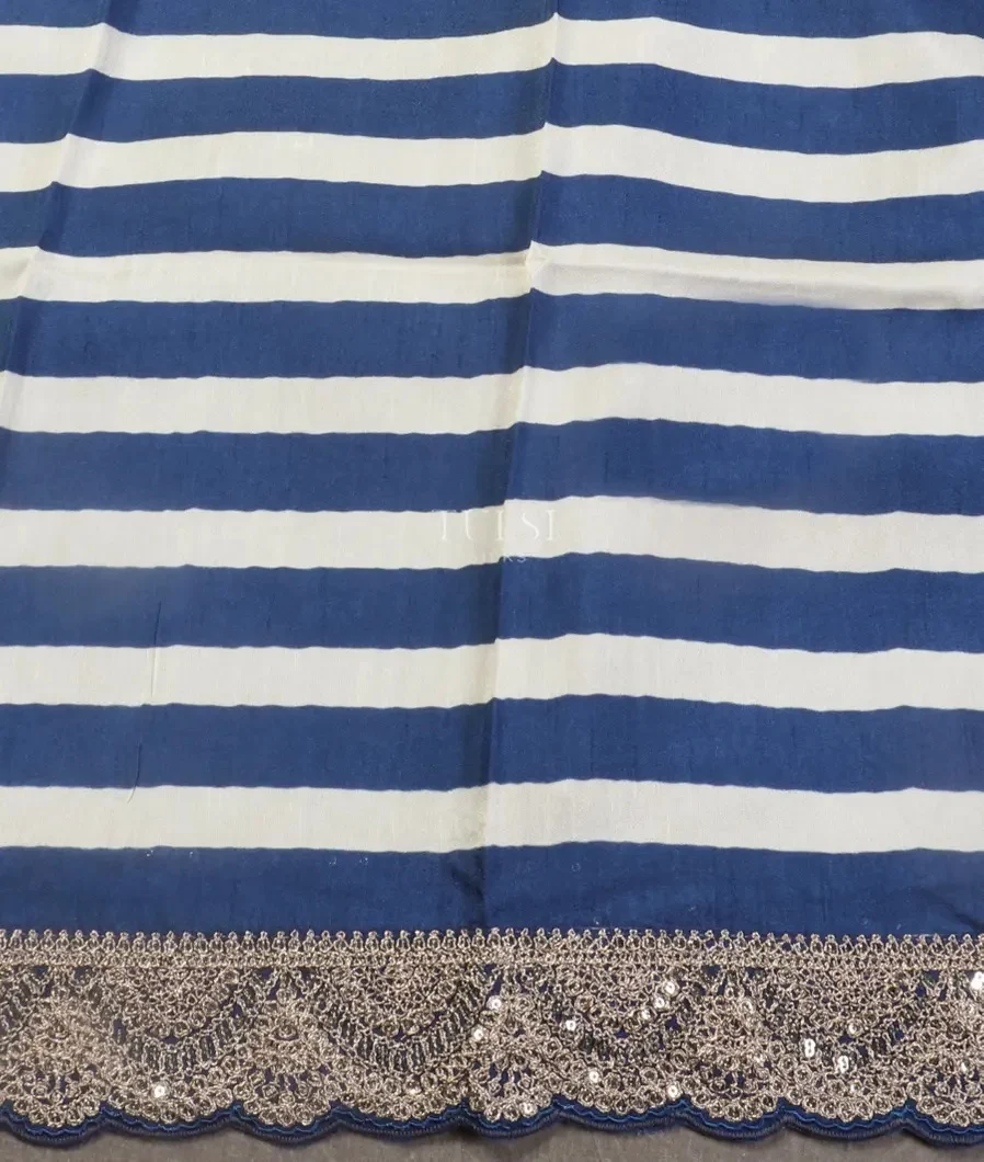 Blue Crinkle Crepe Embroidery Silk Saree T5430373