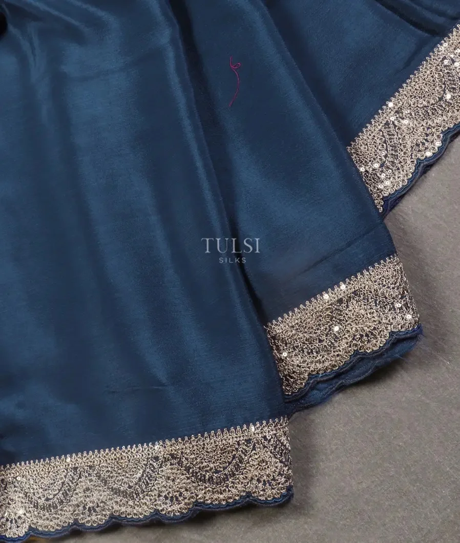 Blue Crinkle Crepe Embroidery Silk Saree T5430374