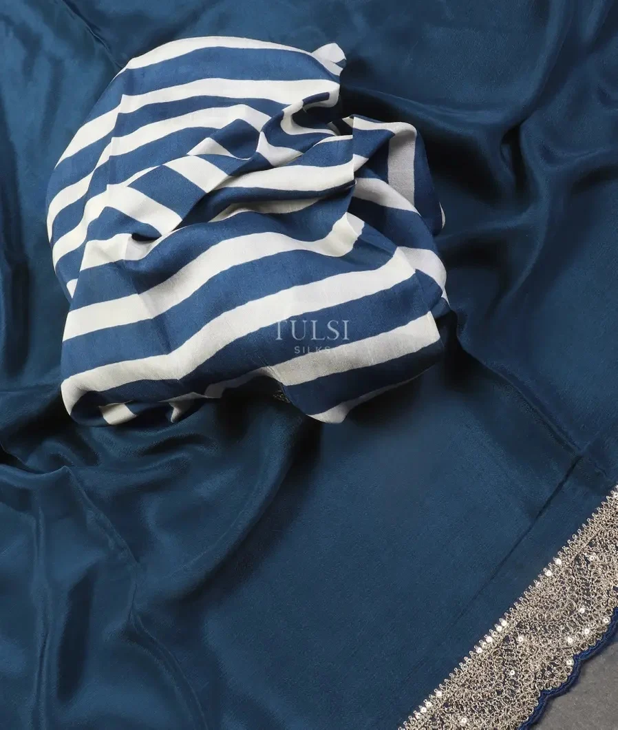 Blue Crinkle Crepe Embroidery Silk Saree T5430375