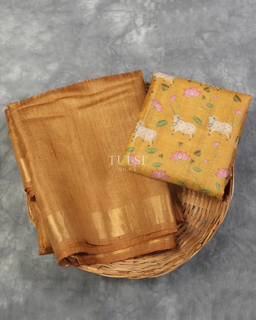 Mustard Yellow Tissue Handwoven Tussar Saree T541291-image