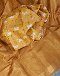 Mustard Yellow Tissue Handwoven Tussar Saree T5412914