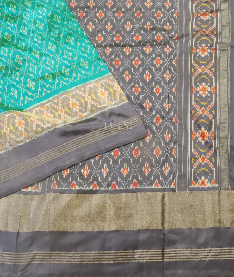 Bluish Green Ikat Silk Saree T5449242