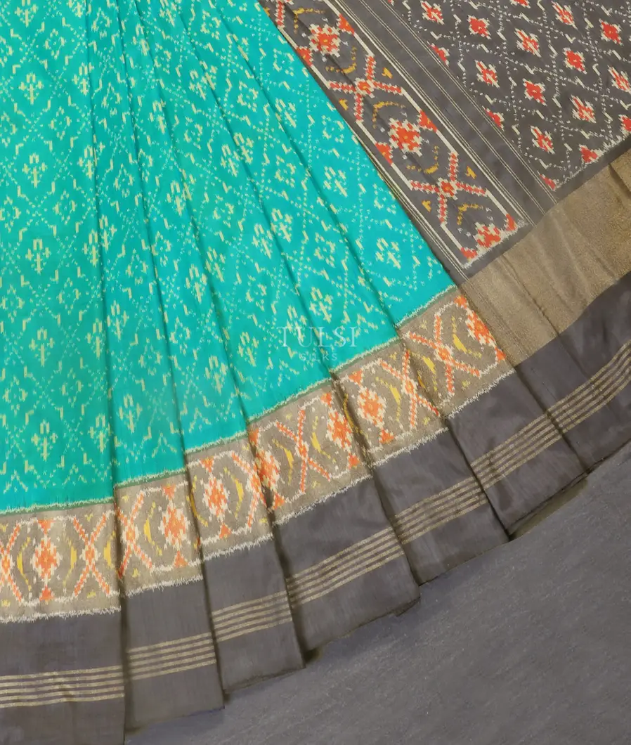 Bluish Green Ikat Silk Saree T5449244