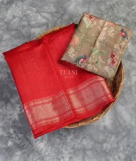 Red woven Tussar Saree T4398451