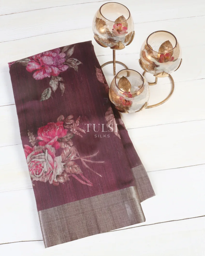 Burgundy Tussar Printed Saree T521911-image