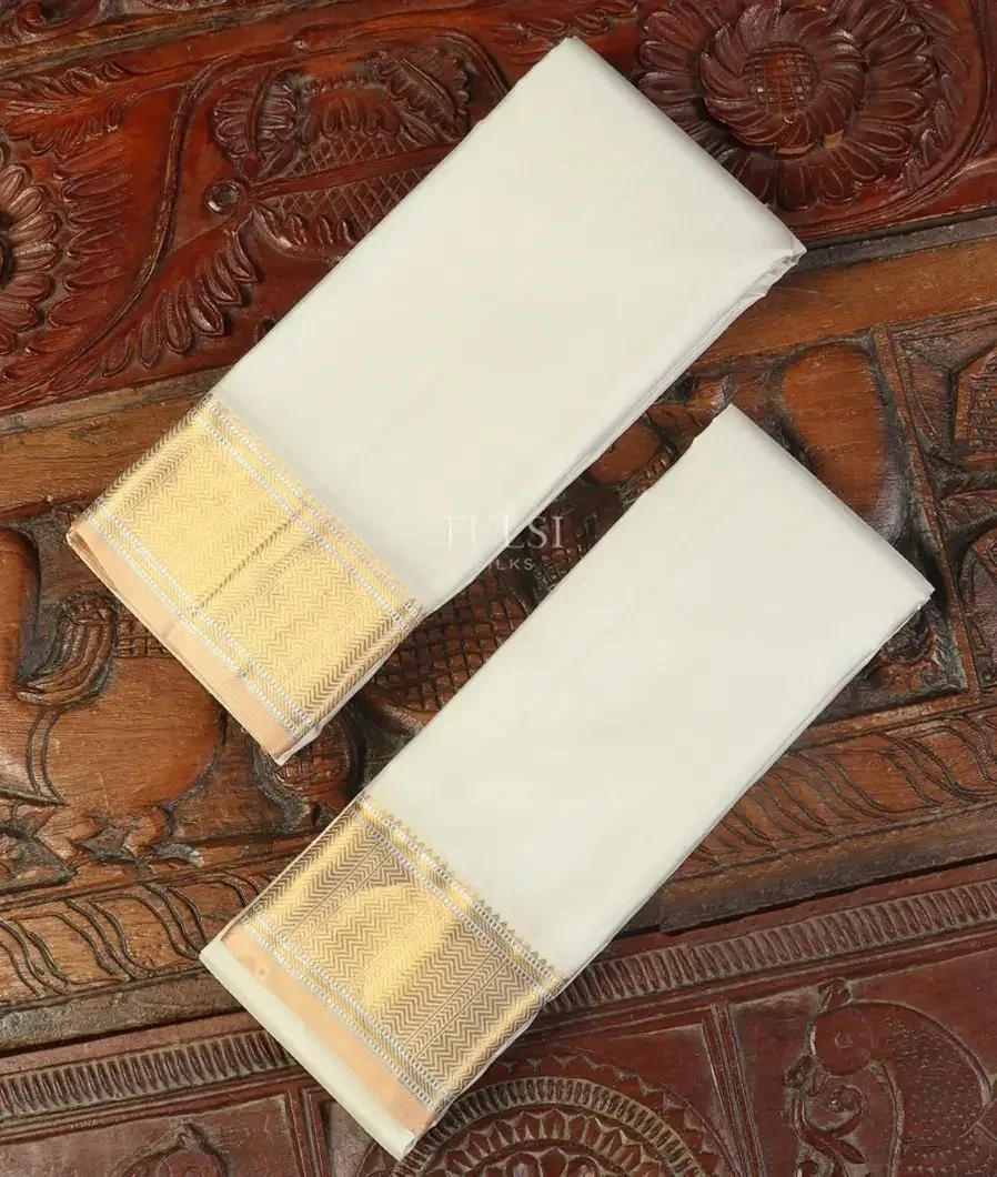 White Handwoven Kanjivaram Silk Dhoti and Vastharam T457463-image