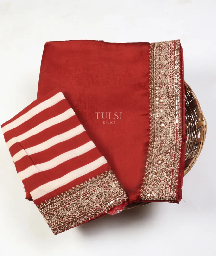 Red Crinkle Crepe Embroidery Silk Saree T550974-image