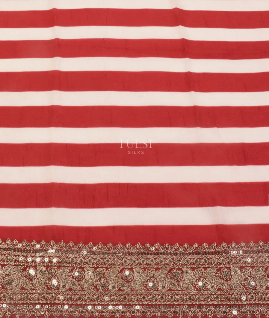 Red Crinkle Crepe Embroidery Silk Saree T5509743