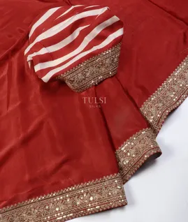 Red Crinkle Crepe Embroidery Silk Saree T5509744