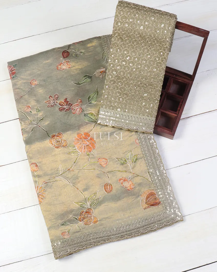 Green Tissue Tussar Embroidery Saree T543045-image