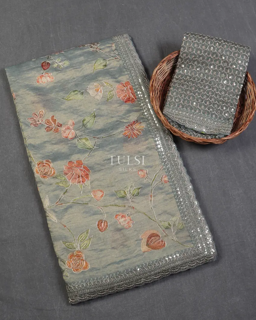 Bluish Grey Tissue Tussar Embroidery Saree T543043-image
