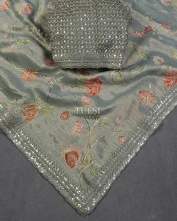 Bluish Grey Tissue Tussar Embroidery Saree T5430432