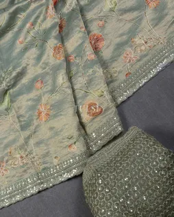 Bluish Grey Tissue Tussar Embroidery Saree T5430434