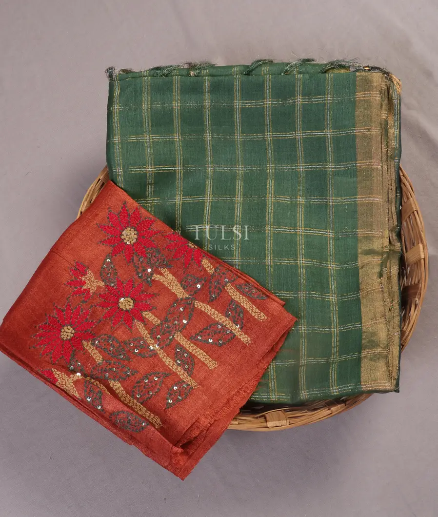 Green Woven Tussar Saree T549066-image