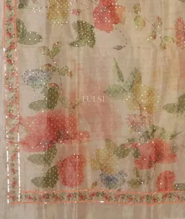 Grey Kora Tissue Organza Embroidery Saree T4720664