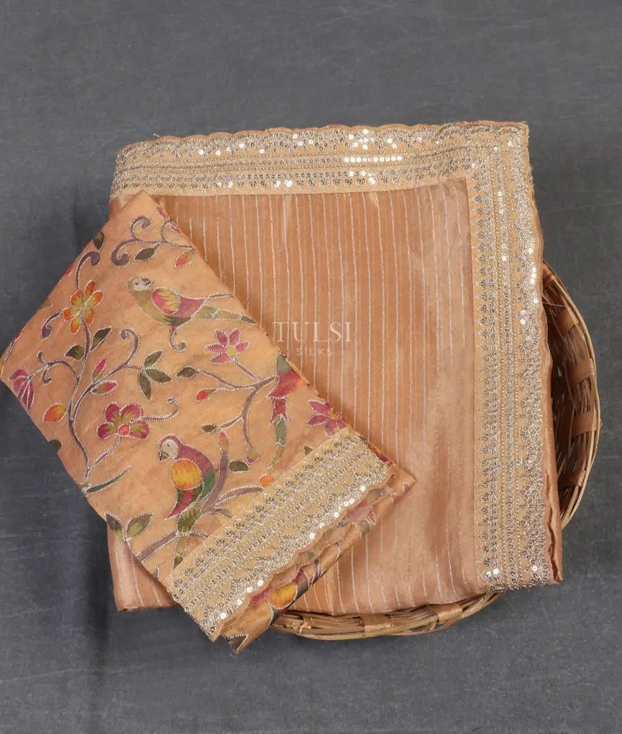Peach Kora Tissue Organza Embroidery Saree T543109-image