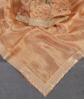 Peach Kora Tissue Organza Embroidery Saree T5431094