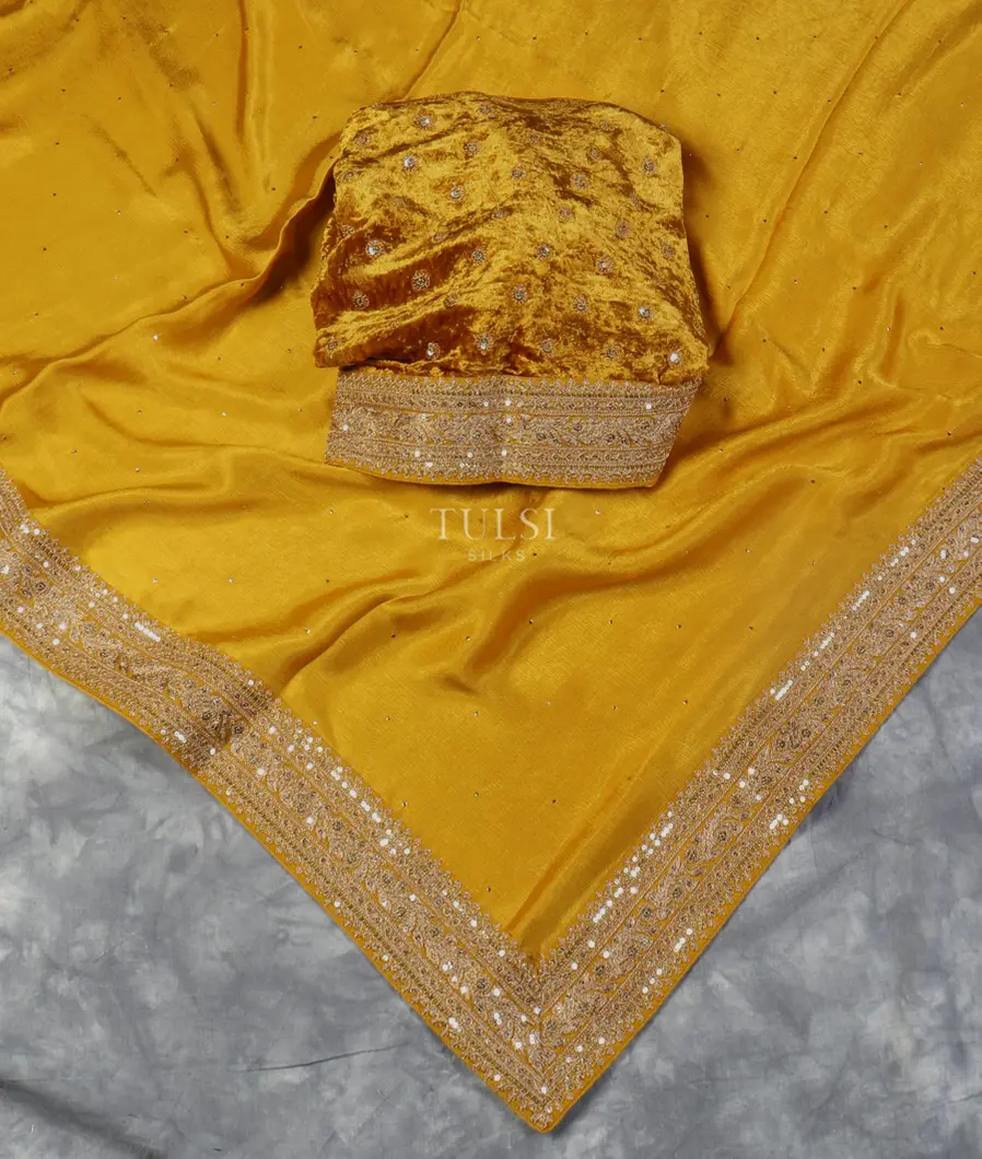 Yellow Crinkle Crepe Embroidery Silk Saree T5489544