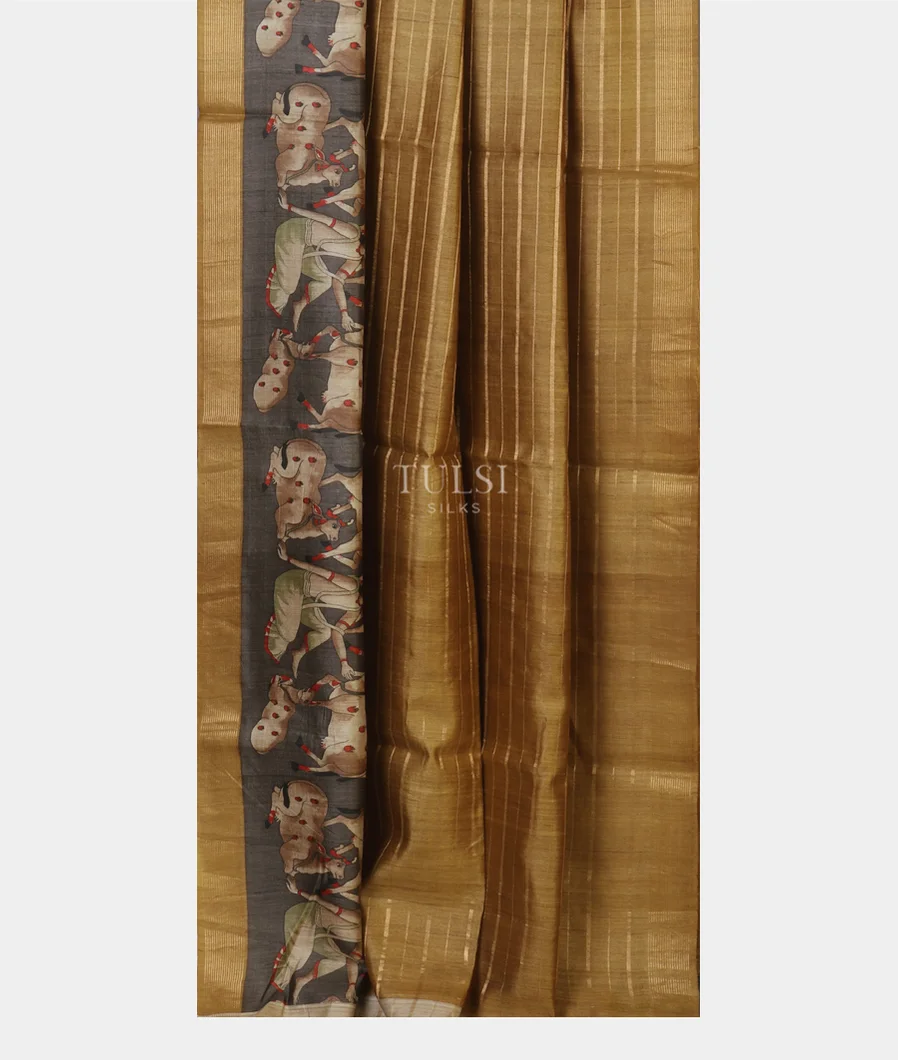 Yellow Tussar Printed Saree T5389032