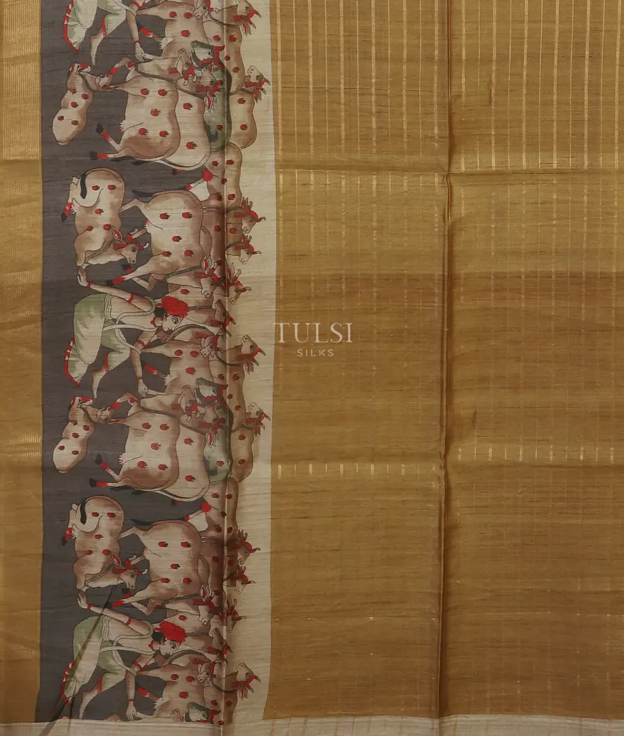 Yellow Tussar Printed Saree T5389034