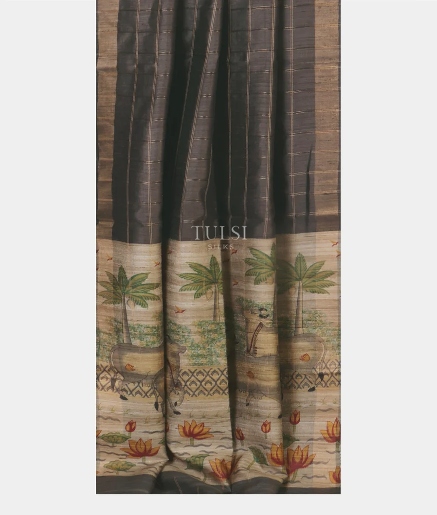 Grey Tussar Printed Saree T5380082