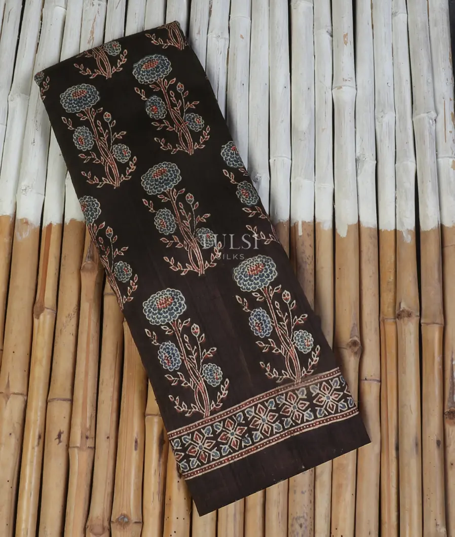 Deep Brown Tussar Ajrakh Printed Saree T542725-image