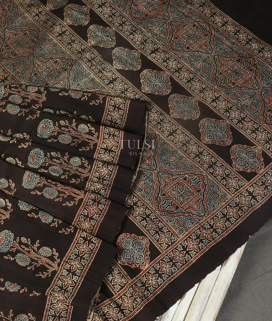 Deep Brown Tussar Ajrakh Printed Saree T5427252