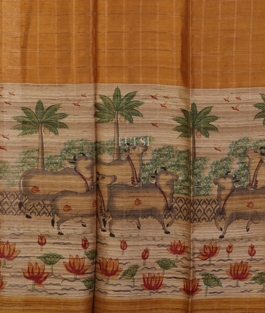 Yellow Tussar Printed Saree T5380144