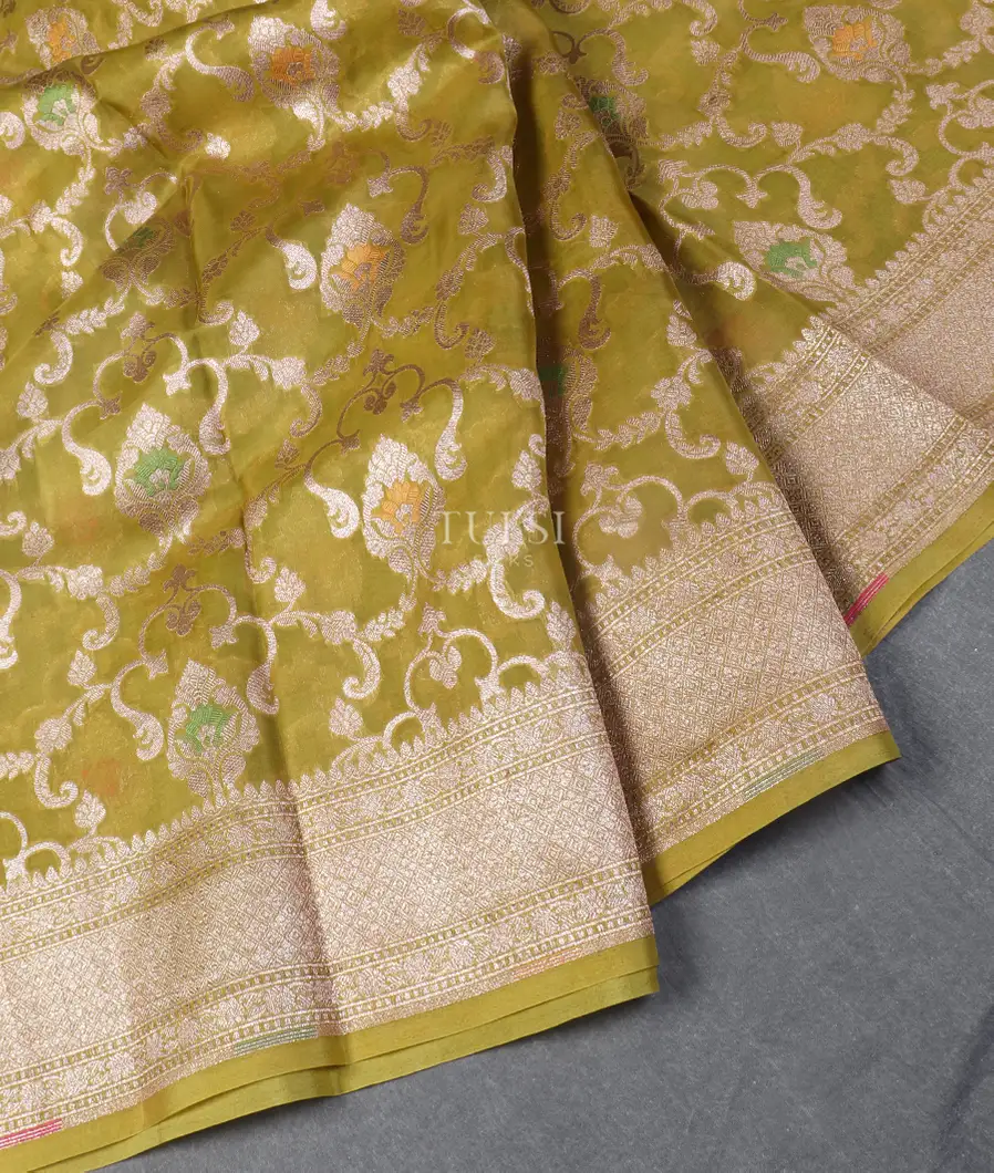 Yellowish Green Banaras Organza Saree T5533892