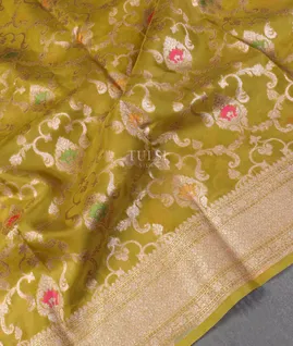 Yellowish Green Banaras Organza Saree T5533895